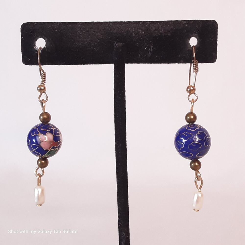 💎Dangle Drop Earrings Floral Navy Cloisonne Balls And Pearly Beads